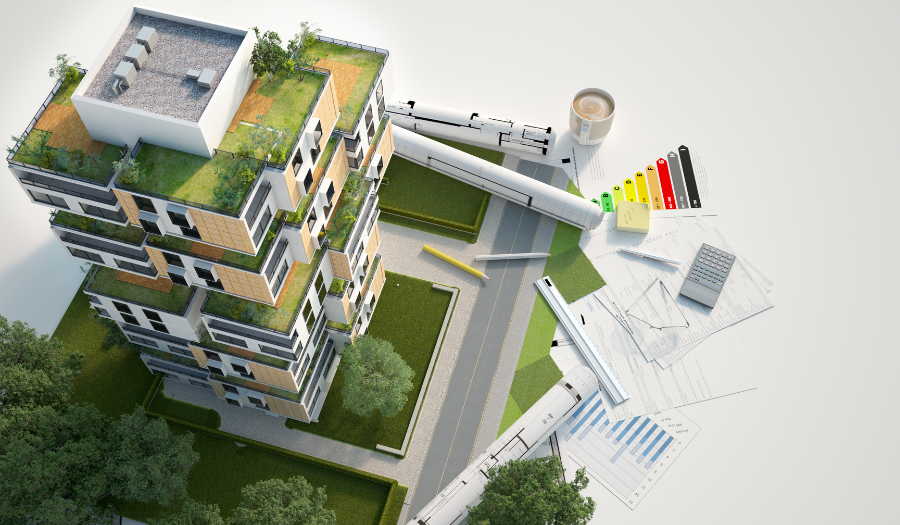 3D rendering of a Sustainable building architecture model with blueprints, energy efficiency chart and other documents
