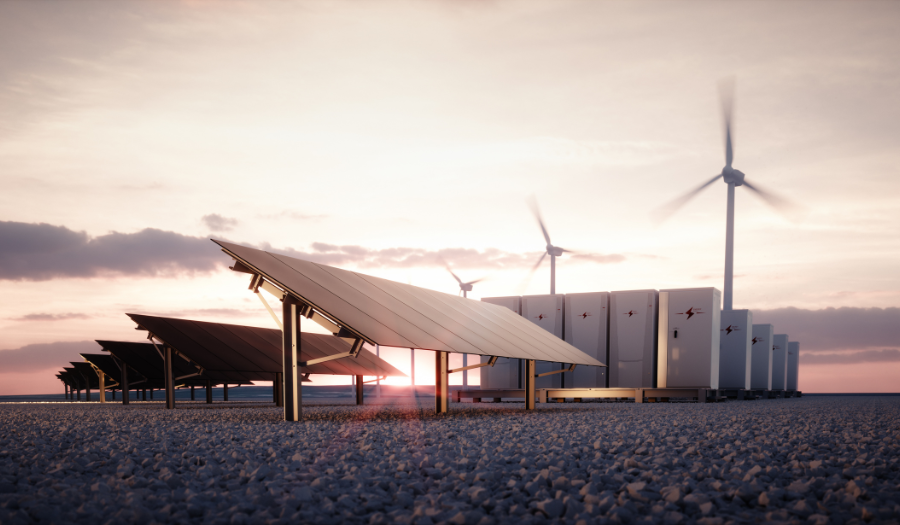 Dawn of new renewable energy technologies. Modern, aesthetic and efficient dark solar panel panels, a modular battery energy storage system and a wind turbine system in warm light.